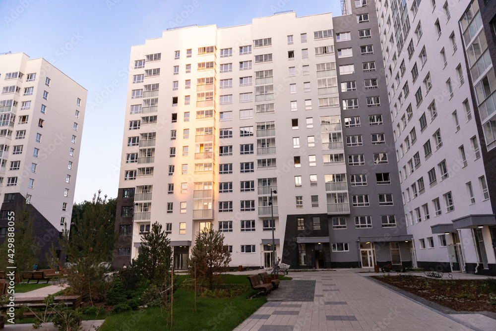 Yard without a cars in Moscow. New homes and new landscaping.