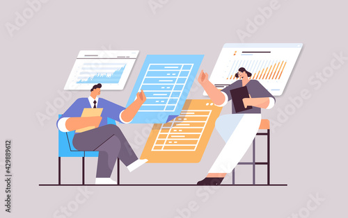 businesspeople analyzing financial data on charts and graphs planning report market analysis accounting