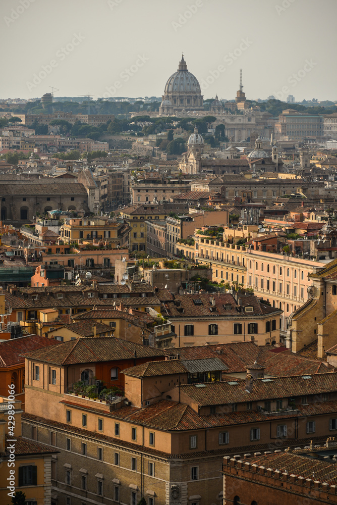 Panoramic view of the historic centre of Rome, Italy, and the Vatican, as seen from the top terrace of the Vittoriano monument.