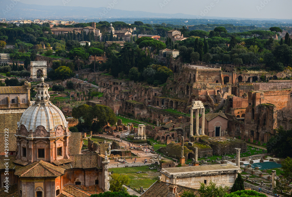 View of the Roman Forum and the dome of the church of San Pietro in Carcere from the terrace of the Vittoriano monument, Rome, Italy