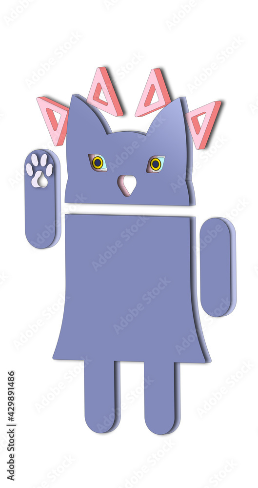 Sylwetka kota ludzika dziewczynki w kolorze szarym niebieskim w 3D z kokardami w kolorze różowym czerwonym w sukience z cieniem. - obrazy, fototapety, plakaty 