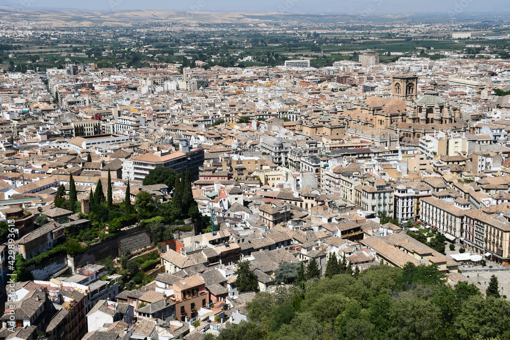 View of the city of Granada in Andalusia, Spain, including Granada Cathedral