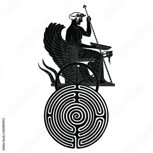 Ancient Greek hero sitting in a chariot with dragons on top of a round spiral maze or labyrinth. Black and white silhouette. Creative concept.