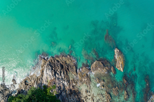 Aerial view Top down seashore Beautiful turquoise sea surface in sunny day Good weather day summer background