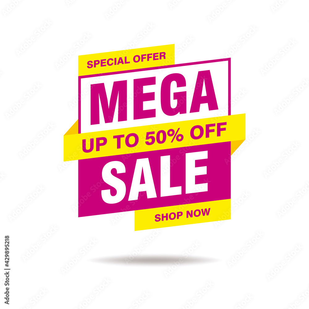 Simple Flat Mega Sale Banner with Purple and Yellow Color Isolated on White Background Design, Mega Sale Element Template Vector for Advertising, Social Media, Web Banner