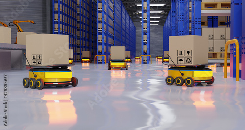 Concept industry 4.0 robotic Artificial Intelligence,Autonomous Robot AGV (Automated guided vehicle),warehouse logistic,smart Automated delivery vehicle shipping,robot carrier carrying cardboard box photo