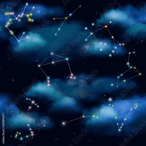Illustration of cloudscape and stars of horoscopes in the night sky 