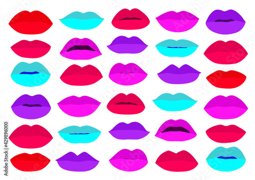 mouth Lips close up design element isolated collection stylish colorful different shades of lipstick beauty make up expressing different emotions art paint on white background illustration vector