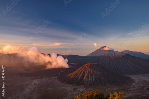 Mount Bromo under the light of sunrise, the most famous volcano in Java, Indonesia