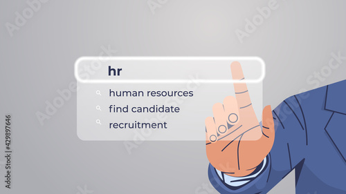 human hand choosing hr in search bar on virtual screen human resources recruitment hiring internet networking