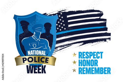 National Police Week banner vector template. Celebrated annual in United States in May.  Police badge with silhuettes of police Officers and flag. Illustration for poster, card, banner. 