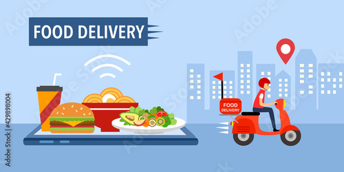 Online food delivery service vector. Fast food, grab food, Uber eat design template for banner, poster. Delivery man driving scooter with hamburger, salad, noodles and drink on smartphone.
