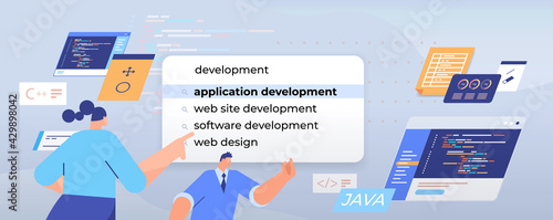 businesspeople choosing application development in search bar on virtual screen web design internet networking