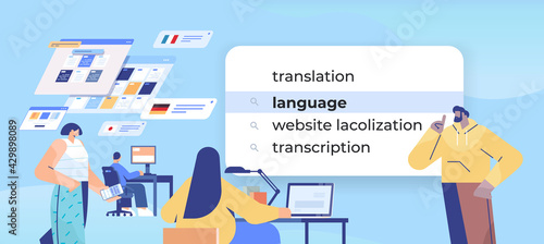 mix race people choosing language in search bar on virtual screen transcription internet networking concept