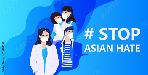 stop asian hate activists in masks protesting against racism support people during coronavirus pandemic concept