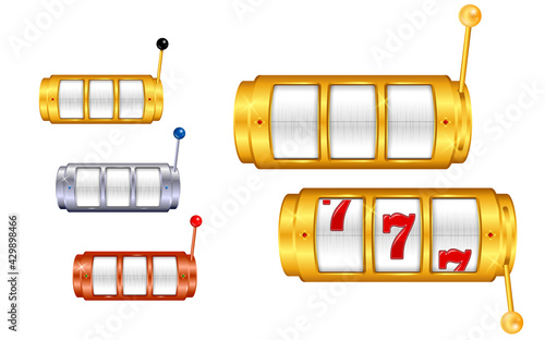 set of slot machine golden casino or golden lucky jackpot gambling machine or spin fortune casino template in golden, silver, and bronze color. eps vector