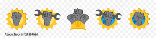 Vector icon set for Labor Day or Labour Day. Badges with industrial elements and raised hands.
