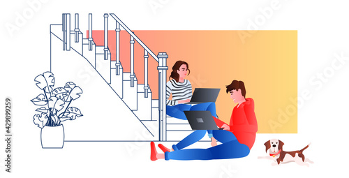 couple using laptops man woman freelancers or students working at home online communication self isolation