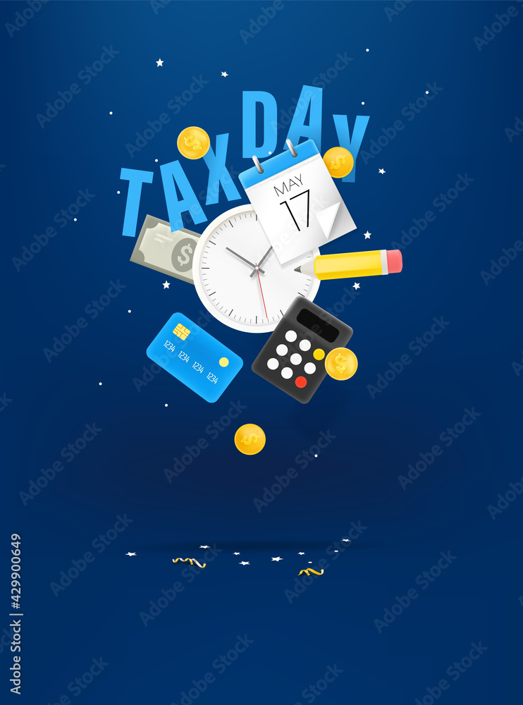 Tax day 17 of may concept with objects falling down. 3d style cute illustration