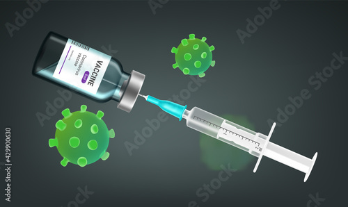Vaccine versus coved-19 concept. Syringe with vaccine vial and coronavirus molecules