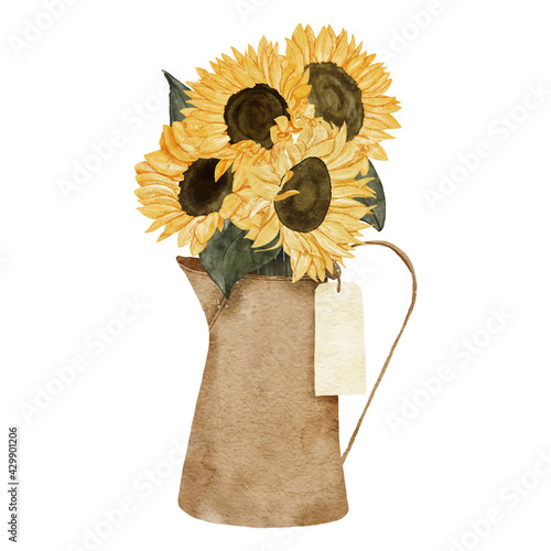 watercolor sunflower bouquet illustration with teapot vase
