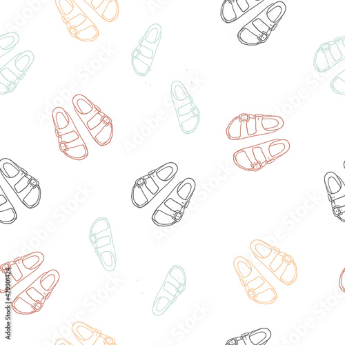 Seamless pattern of colored summer shoes, top view. Hand drawn sketch of shoes, hand drawing. Vector illustration.