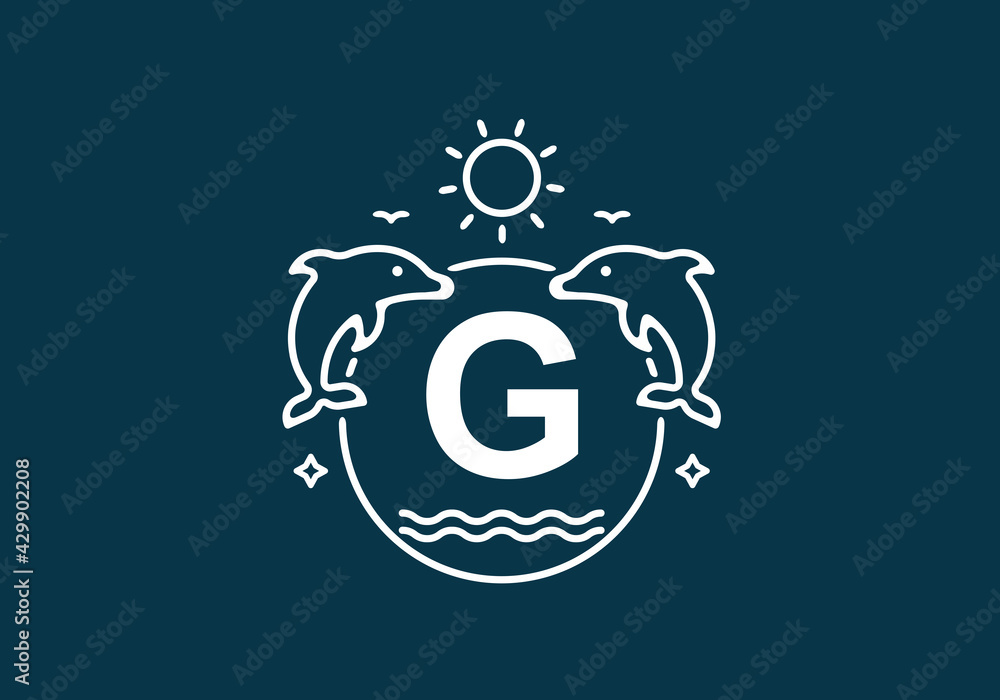 White blue color of G initial letter in dolphin and ocean frame White blue color of G initial letter in dolphin and ocean frame