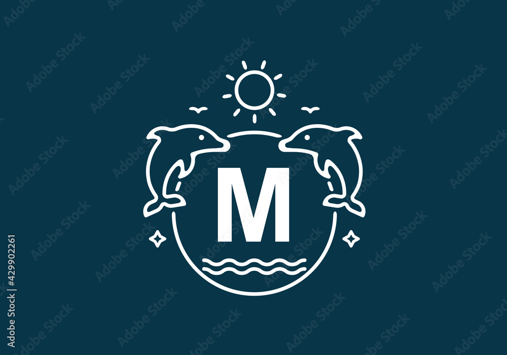 White blue color of M initial letter in dolphin and ocean frame White blue color of M initial letter in dolphin and ocean frame
