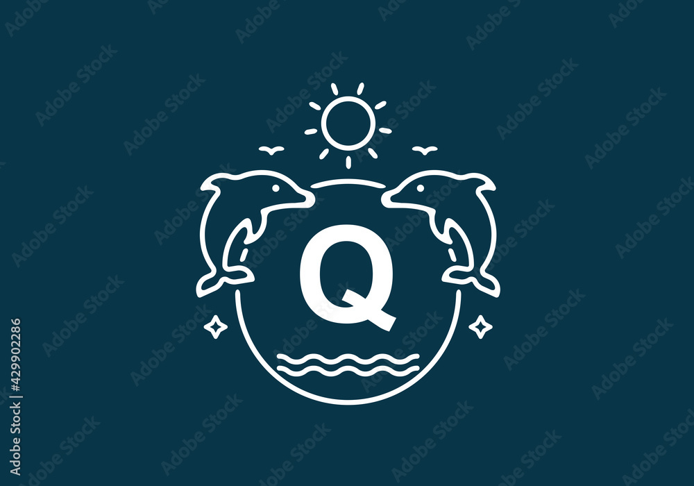 White blue color of Q initial letter in dolphin and ocean frame White blue color of Q initial letter in dolphin and ocean frame
