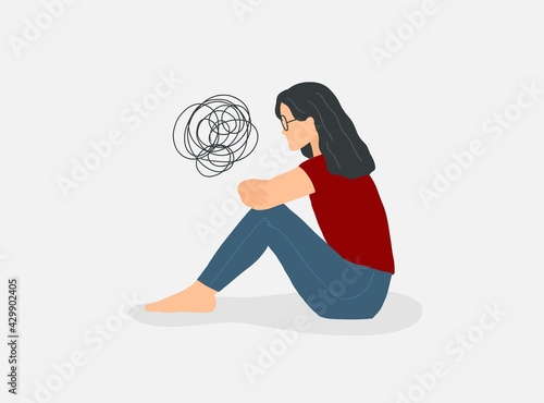 Depressed alone woman. Mental disorder concept. Vector sad unhappy female. Anxiety person