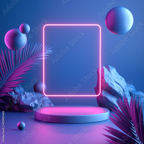 Fototapete 3D-Mosaik - Fototapete Empty Modern Stage Display With Neon Electric Light And Natural Concept Abstract Background 3d Render