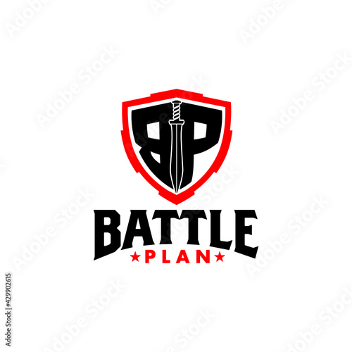 Battle plan logo concept with shield and sword in the middle