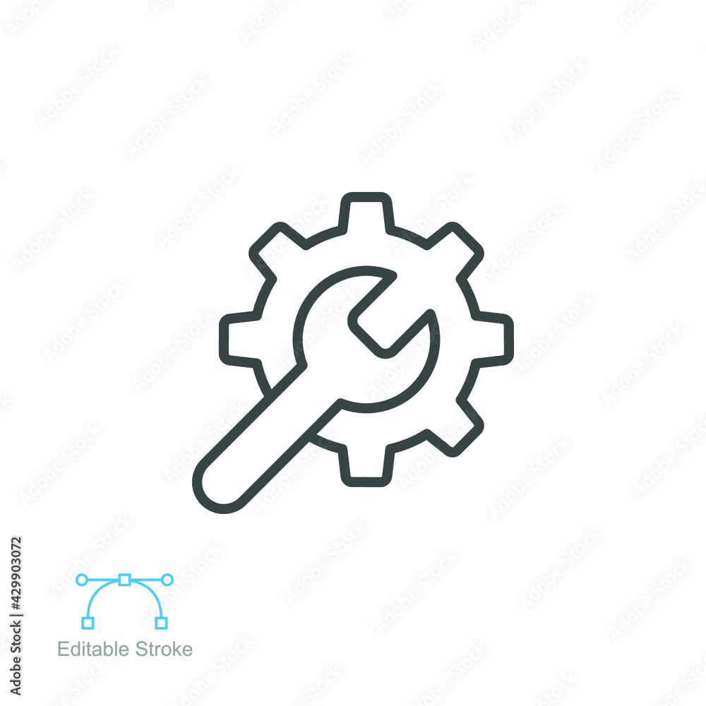 maintenance icon. web setting outline style. Service Tools with gear and wrench for service setup logo. setting engineering sign. editable stroke vector illustration design on white background EPS 10 maintenance icon. web setting outline style. Service Tools with gear and wrench for service setup logo. setting engineering sign. editable stroke vector illustration design on white background EPS 10
