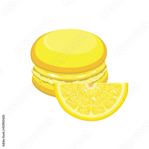 Lemon flavored macaroni cake with lemon slices. Vector.