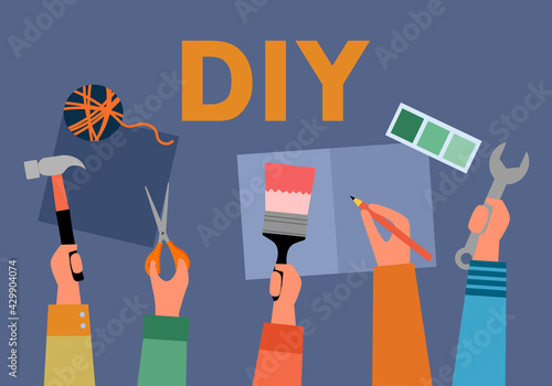 DIY creative workshop. Human hands holding creative craft items. Do it yourself concept.