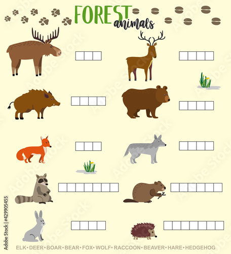Crossword game for kids with cute forest animals. Preschool puzzle quiz game, learning english kids brain teaser with forest animals. Educational worksheet for children.School and preschool activity.