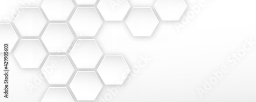 White abstract 3d wall texture embossed hexagon. Vector background 3d paper art style  honeycomb white background light and shadow. Vector abstract background texture design, bright poster, banner web