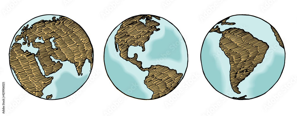 Globe sketch. Hand drawn earth planet with continents and oceans ...