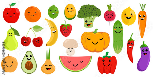 Cute fruits and vegetables. Kawaii vegetable fruit character cartoon set. Clipart for kids with kawaii face. Vector illustration.