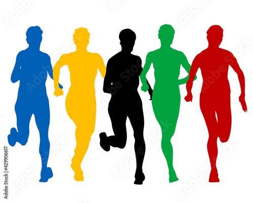 Young athletes run a marathon. Isolated silhouettes on white background