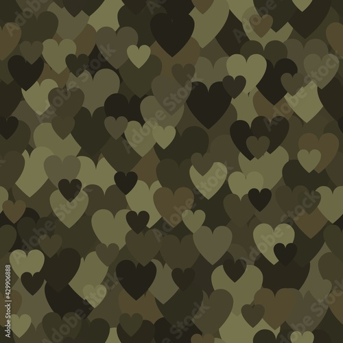 Military Seamless Pattern with Khaki Heart Spots. Camouflage Background