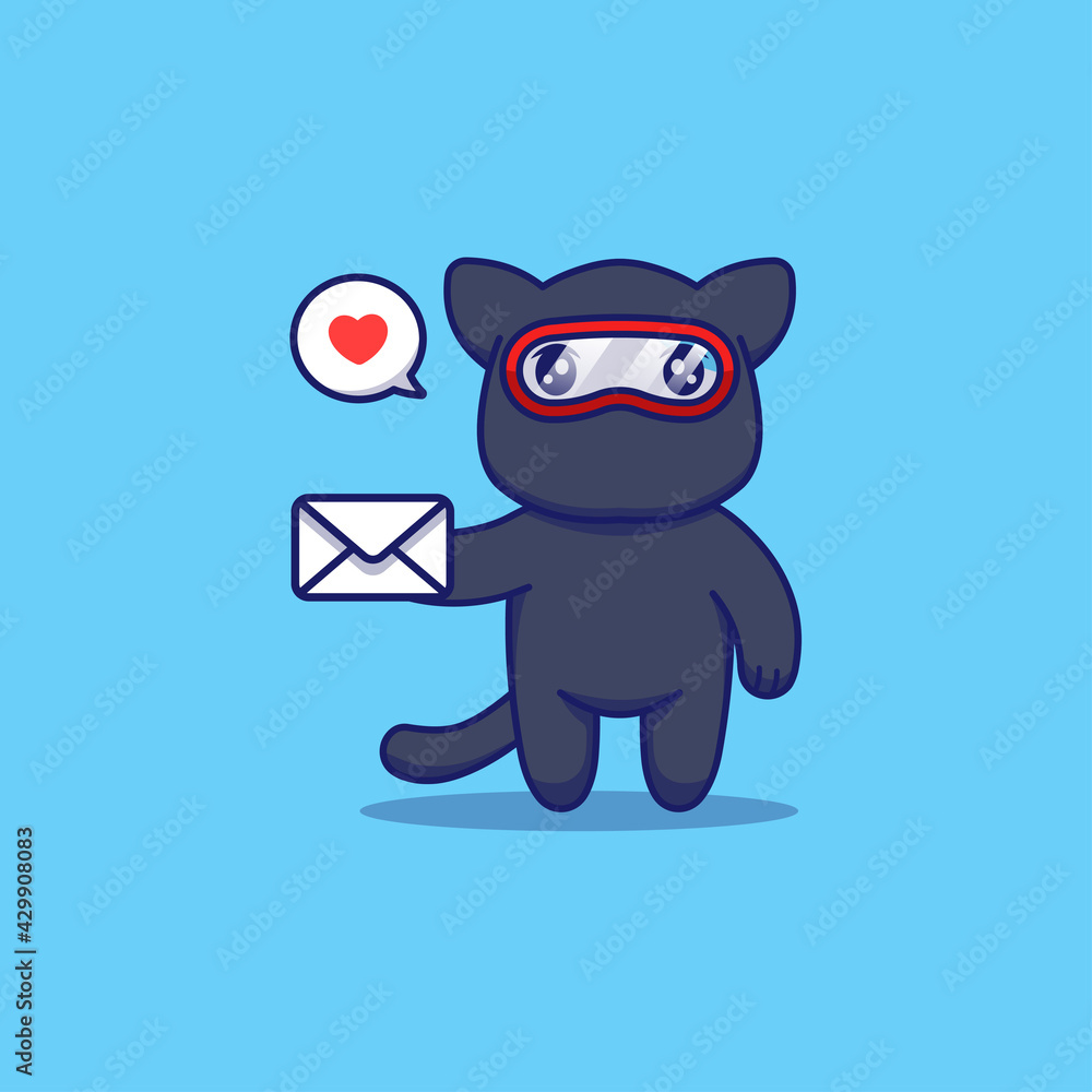Cute ninja cat carrying letter