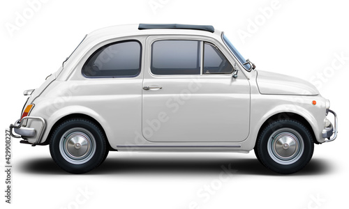 Small retro car of white color, side view isolated on a white background.