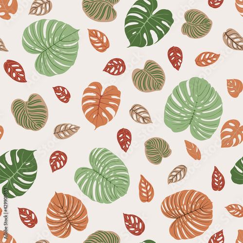 Tropics leaves seampless pattern vector modern. Color beige green, trend ornament
