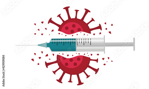 Coronavirus defeated with syringe with vaccine. COVID vaccination concept horizontal illustration. Flat vector illustration.