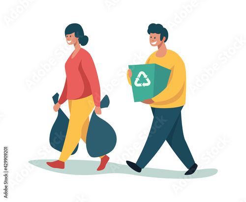 People cleaning garbage. Cartoon characters sorting and recycling waste. Happy volunteers carry bags and box with rubbish to trash can. Vector couple protecting environment and ecology