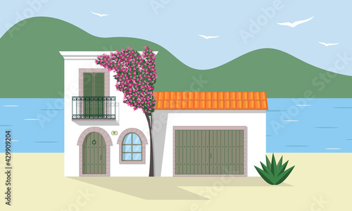 Typical white Mediterranean house with garage and bougainvillea tree in blossom on seashore. Costal house on the sea. Flat vector illustration.