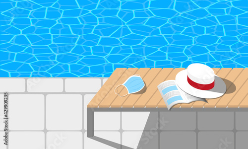 Swimming pool chaise longue with a book, a hat and a face mask on it. Pandemic summer concept. Horizontal vector illustration.