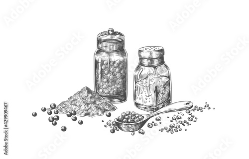 Salt and pepper. Hand drawn mills with seasoning for restaurant menu. Isolated bottles for pungent taste culinary powder. Black and white sketch of condiment and spoon. Vector spicy set