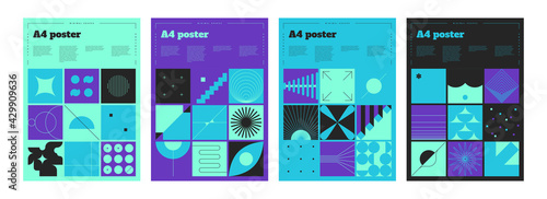 Bauhaus banners. Abstract minimal A4 posters. Geometric shapes and lines in square frames. Blue or purple placards set. Scandinavian art collage. Vector bright flyers with copy space